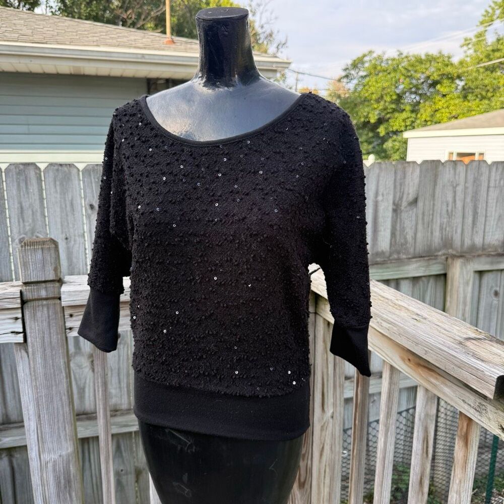 Y2K Forever 21 Twentyone Black Sequin Textured 3/4 Sleeve Sweater Top Size Small